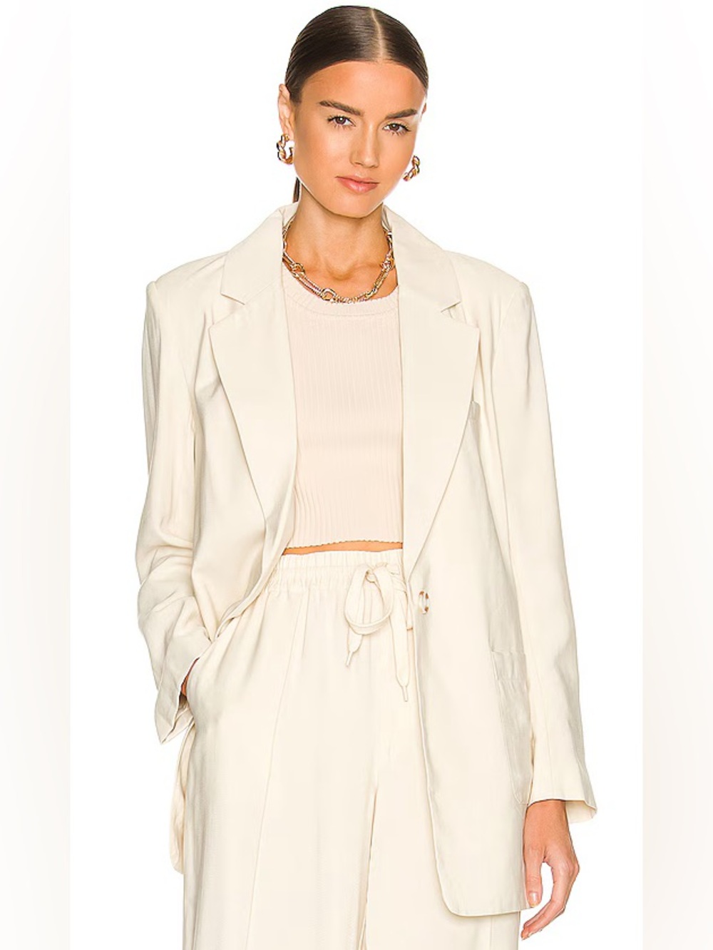 Ena Pelly Zoey Woven Blazer in Cream, Size XS (6)